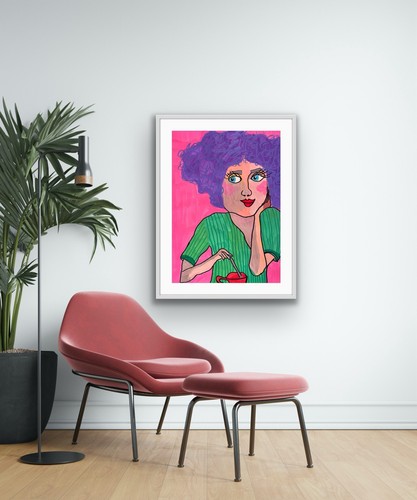 Pink Purple Green Coffee Woman Portrait Original Artwork - photo 3