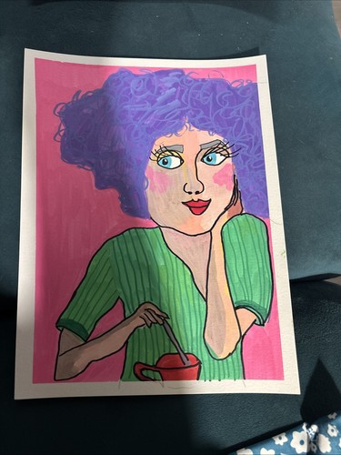 Pink Purple Green Coffee Woman Portrait Original Artwork - photo 4