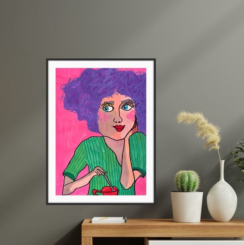 Pink Purple Green Coffee Woman Portrait Original Artwork - photo 5