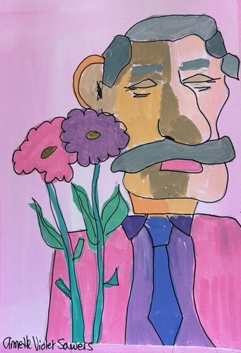Contemporary Male Man Flowers Romance Pink Blue OOAK Artwork