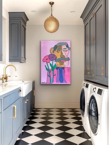 Contemporary Male Man Flowers Romance Pink Blue OOAK Artwork - photo 2