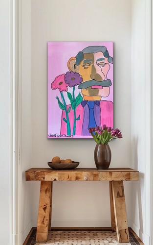 Contemporary Male Man Flowers Romance Pink Blue OOAK Artwork - photo 3