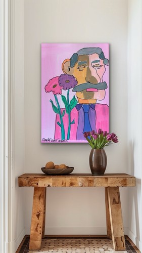 Contemporary Male Man Flowers Romance Pink Blue OOAK Artwork - photo 4