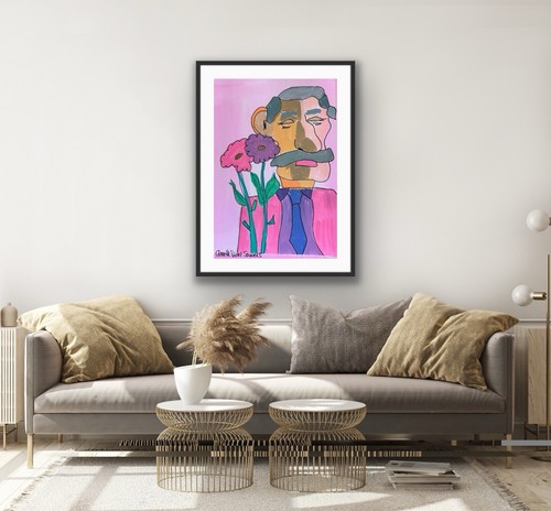 Contemporary Male Man Flowers Romance Pink Blue OOAK Artwork - photo 5