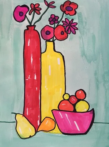 Yellow Pink Red Still Life Flowers Floral Vase Original Art