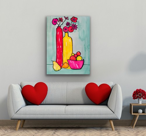 Yellow Pink Red Still Life Flowers Floral Vase Original Art - photo 2