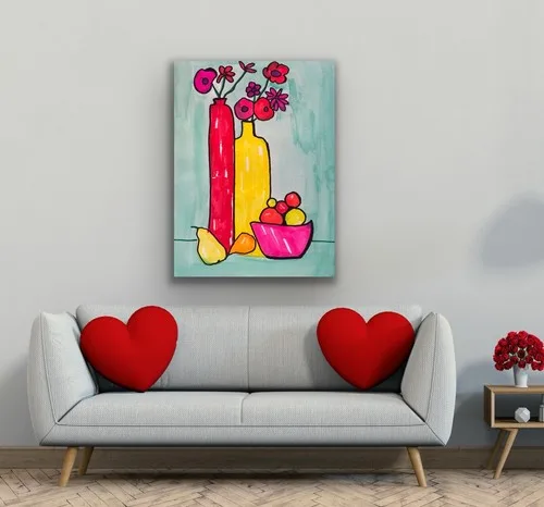 Yellow Pink Red Still Life Flowers Floral Vase Original Art - photo 2