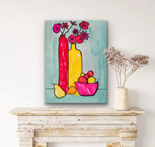Yellow Pink Red Still Life Flowers Floral Vase Original Art - photo 3
