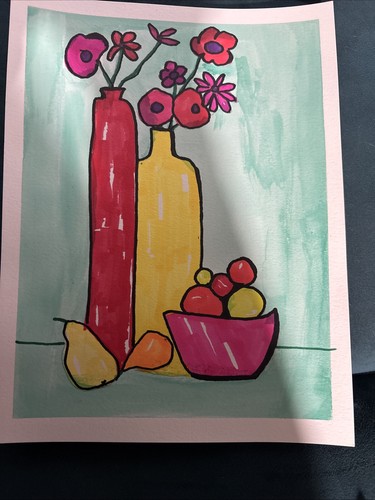 Yellow Pink Red Still Life Flowers Floral Vase Original Art - photo 4