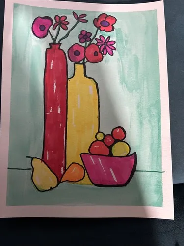 Yellow Pink Red Still Life Flowers Floral Vase Original Art - photo 4