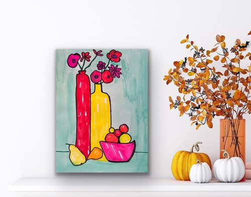 Yellow Pink Red Still Life Flowers Floral Vase Original Art - photo 5