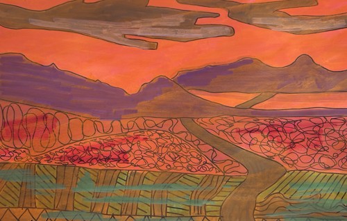 Landscape Orange Fields Mountains Contemporary original artwork
