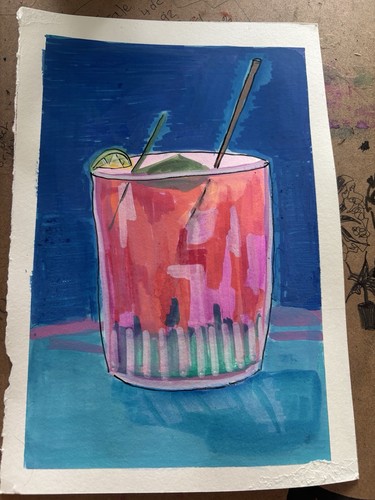 Cocktail Drink Ice Contemporary Blue Original Art Painting - photo 2