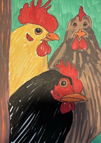 Chicken Rooster Farm OOAK Feather Original Art Painting