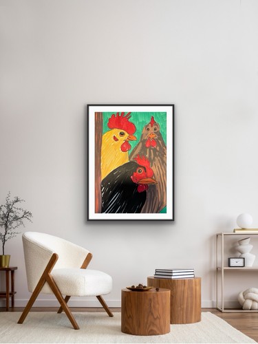 Chicken Rooster Farm OOAK Feather Original Art Painting - photo 2