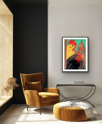 Chicken Rooster Farm OOAK Feather Original Art Painting - photo 3