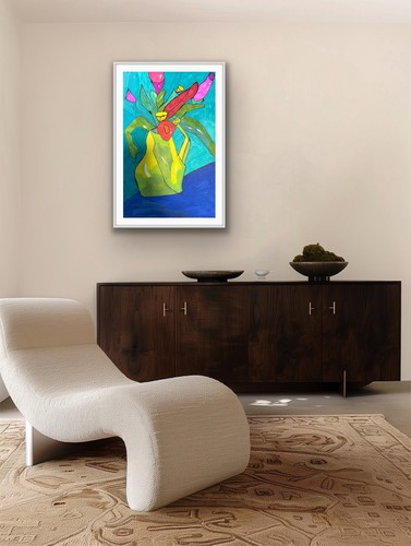 Flowers Still Life Contemporary Blue Original Art Painting - photo 3