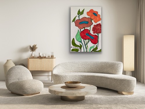 Flowers Forna Floral Red Purple Pink Blue Original Art Painting - photo 3