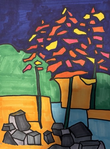 Abstract Tree Landscape Brightly Coloured OOAK Original Art