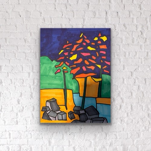 Abstract Tree Landscape Brightly Coloured OOAK Original Art - photo 3