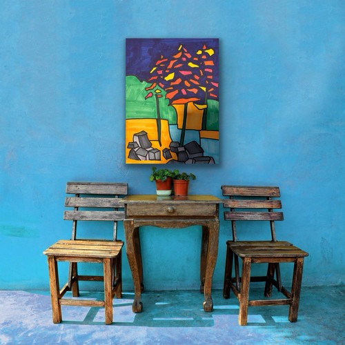 Abstract Tree Landscape Brightly Coloured OOAK Original Art - photo 4