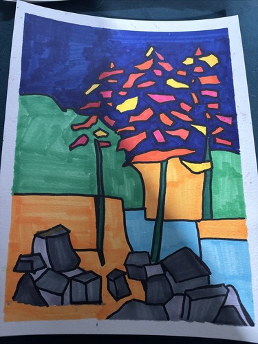 Abstract Tree Landscape Brightly Coloured OOAK Original Art - photo 5