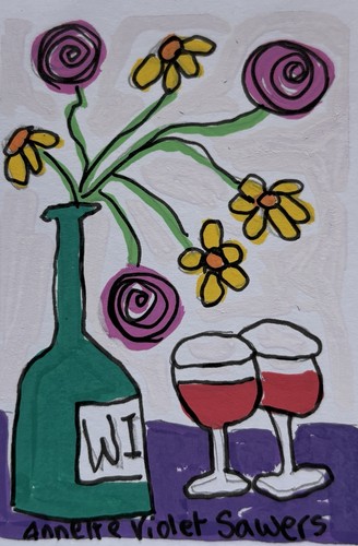 ACEO Acrylic PAINT Floral Still Life Blue Vase Mini Art 2.5”x3.5