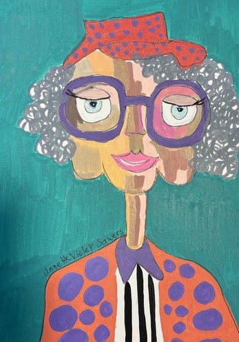 Elder Woman Glasses Contemporary Blue Original Art Painting