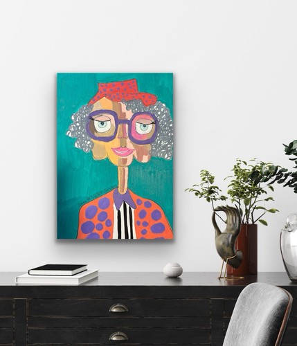 Elder Woman Glasses Contemporary Blue Original Art Painting - photo 2