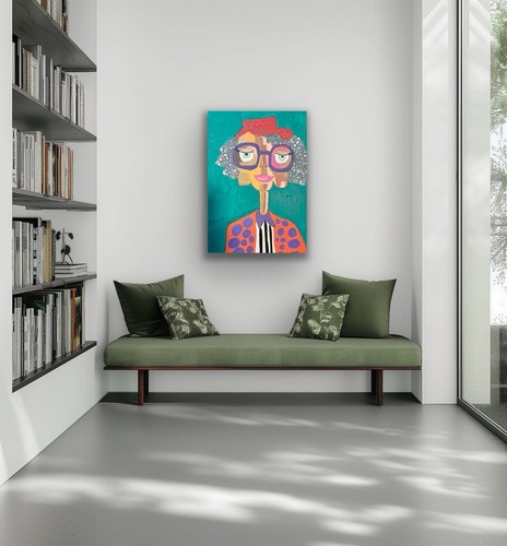 Elder Woman Glasses Contemporary Blue Original Art Painting - photo 5