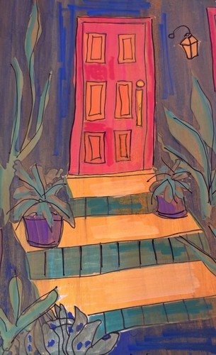 Door Southwest Original Orange Green Cactus Painting