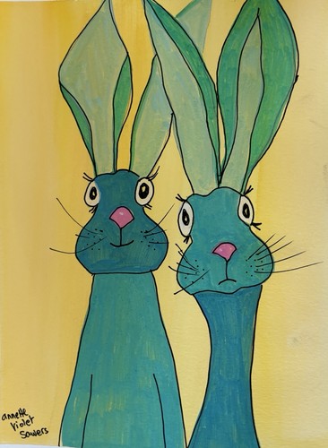 Rabbit Hare Animal Blue Yellow OOAK Original Artwork