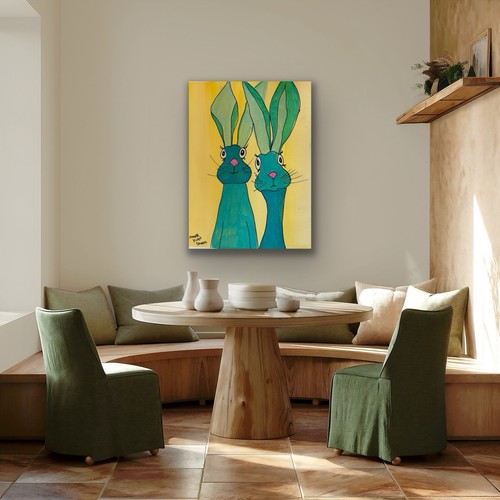 Rabbit Hare Animal Blue Yellow OOAK Original Artwork - photo 2