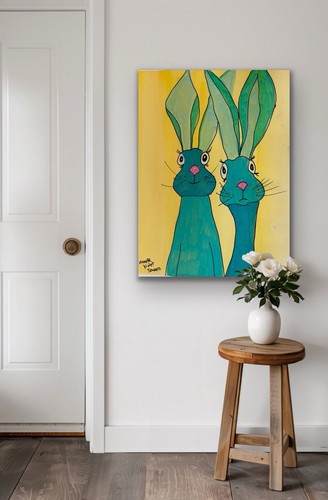Rabbit Hare Animal Blue Yellow OOAK Original Artwork - photo 3