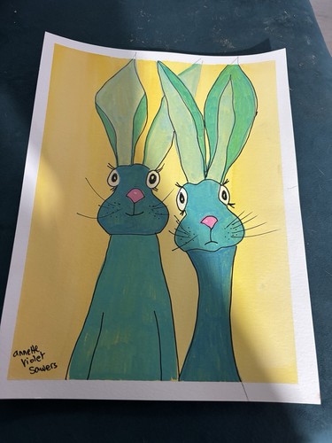 Rabbit Hare Animal Blue Yellow OOAK Original Artwork - photo 4