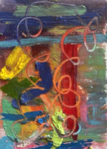 ACEO Abstract Green Orange Red Blue Oil Pastels Original Art - photo 2