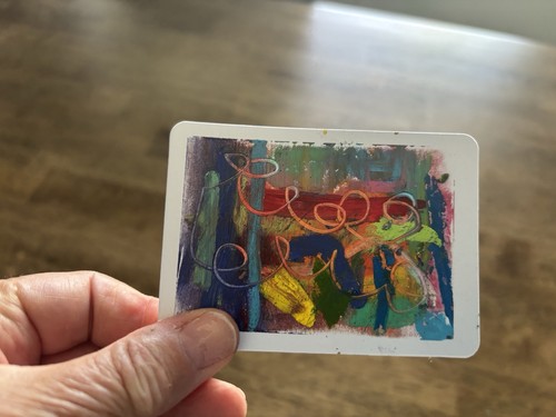 ACEO Abstract Green Orange Red Blue Oil Pastels Original Art - photo 3