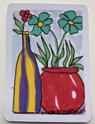 ACEO Acrylic PAINT Floral Still Life Blue Vase Mini Art 2.5”x3.5