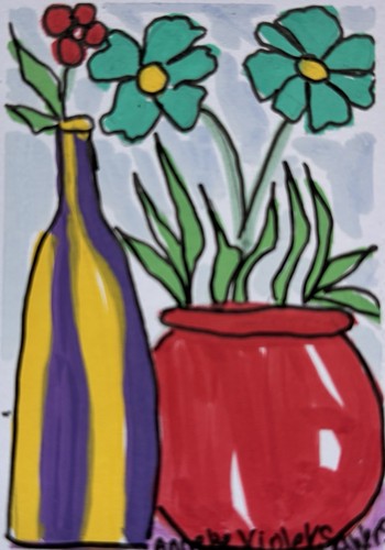 ACEO Acrylic PAINT Floral Still Life Blue Vase Mini Art 2.5”x3.5 - photo 2