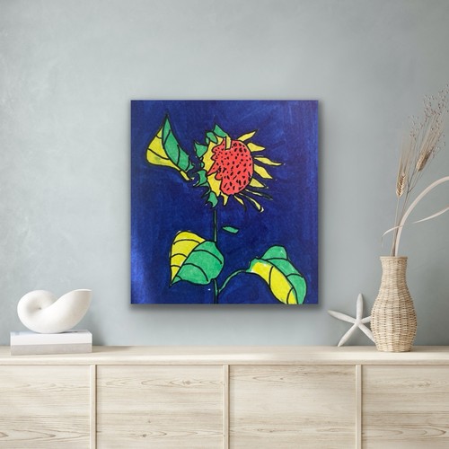 Original Small Painting Sunflower Yellow Orange Green - photo 3