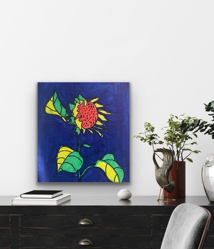 Original Small Painting Sunflower Yellow Orange Green - photo 4
