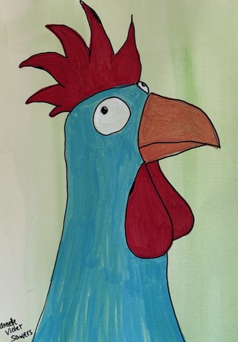 Cockerel Chicken Blue Contemporary Red Egg original artwork