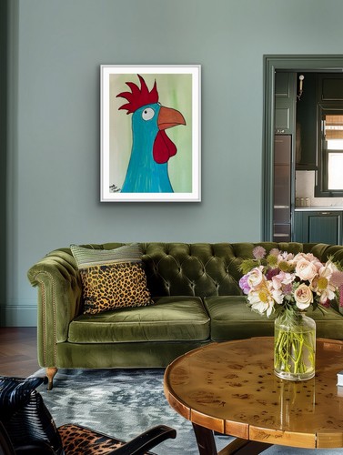 Cockerel Chicken Blue Contemporary Red Egg original artwork - photo 4
