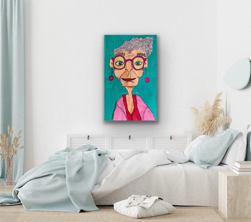 Woman Older Glasses Contemporary Blue Original Art Painting - photo 2