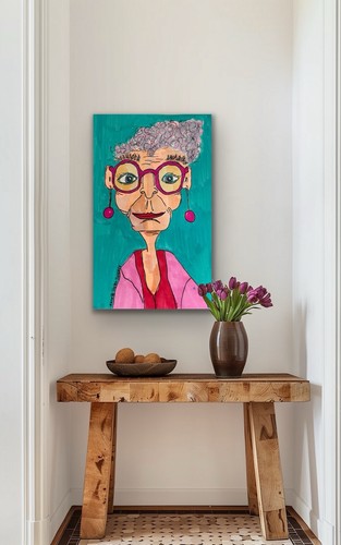 Woman Older Glasses Contemporary Blue Original Art Painting - photo 3