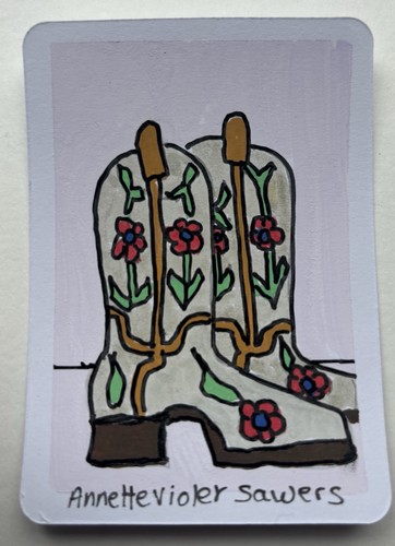 ACEO Original Acrylic Painting Floral Cowboy Boots Folk Art