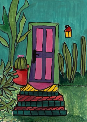 Door Southwest Original Pink Green Cactus Art Painting