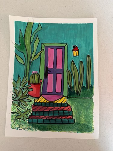 Door Southwest Original Pink Green Cactus Art Painting - photo 2