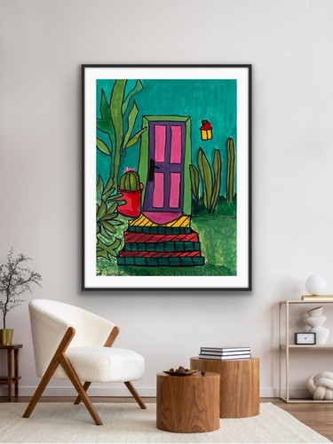 Door Southwest Original Pink Green Cactus Art Painting - photo 3