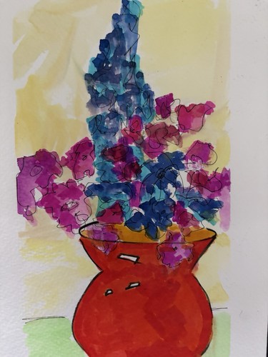 Flowers Bright Red Contemporary Blue Original Art Painting